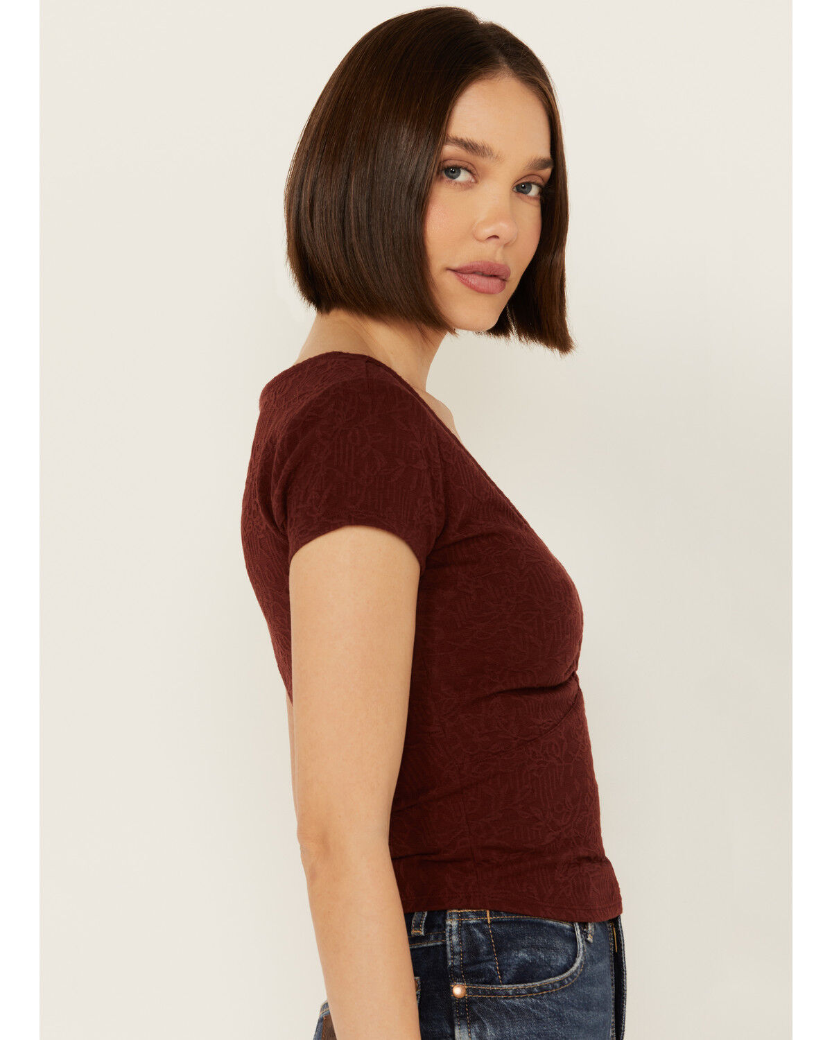 Image #2 - Shyanne Women's V Neck Short Sleeve Stretch Knit Top, Brown, hi-res