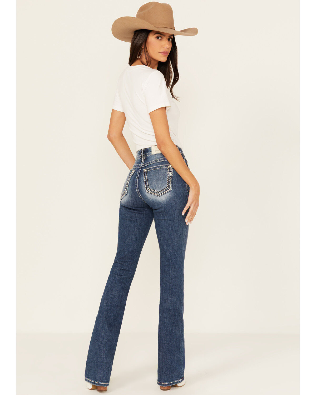 Image #1 - Miss Me Women's Medium Wash Mid Rise Border Stitch Bootcut Stretch Denim Jeans, Medium Wash, hi-res