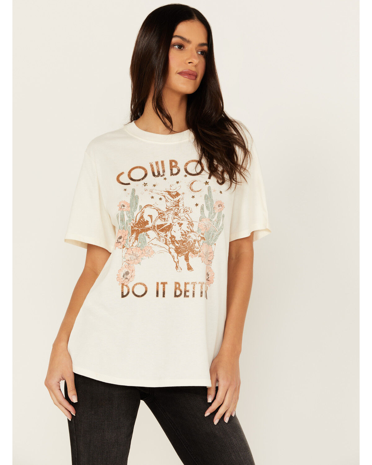Image #1 - Idyllwind Women's Cowboys Do It Better Embellished Short Sleeve Graphic Tee, Ivory, hi-res