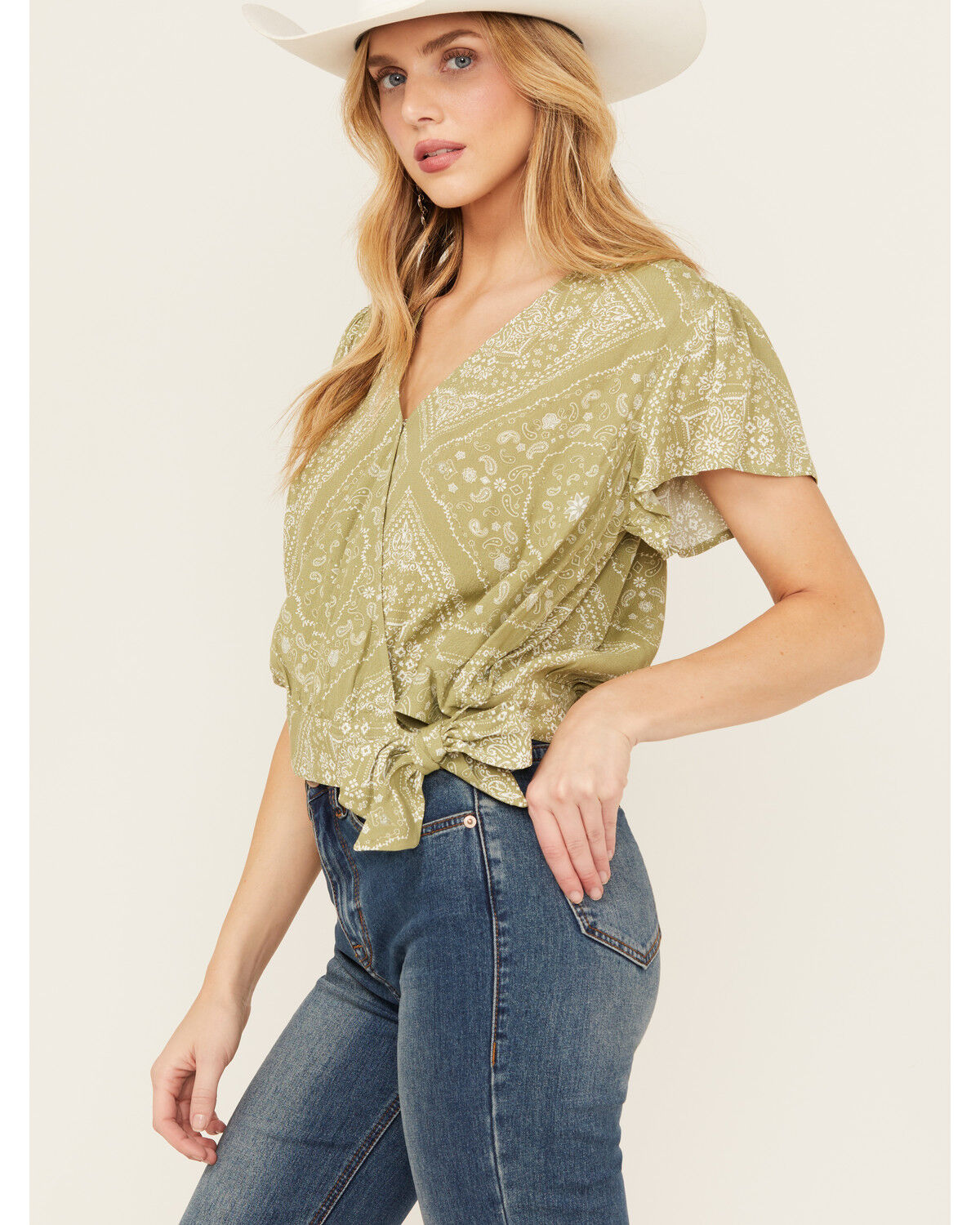 Image #2 - Ariat Women's Osage Bandana Print Short Sleeve Wrap Shirt, Sage, hi-res