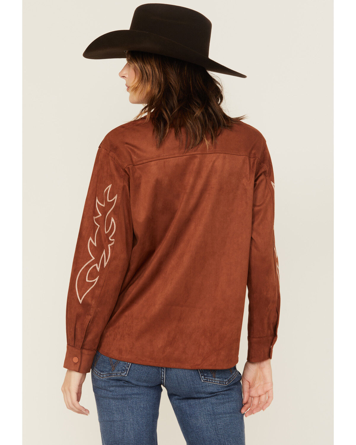 Image #4 - Blue B Women's Western Embroidered Faux Suede Long Sleeve Snap Shirt, Rust Copper, hi-res