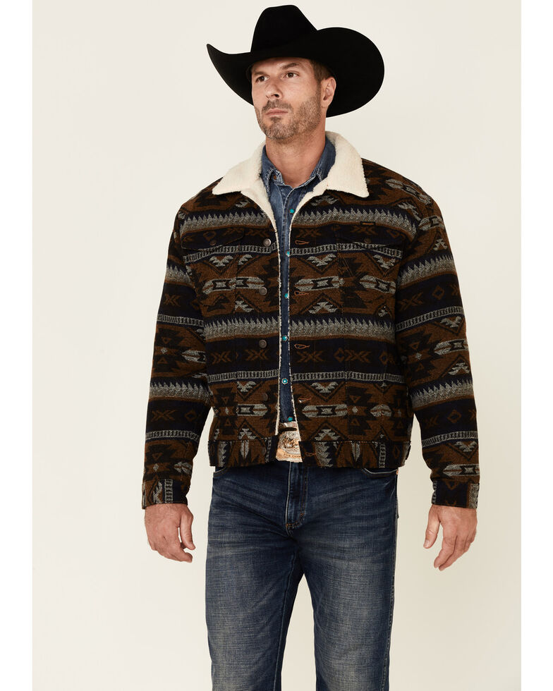 Wrangler Men's Brown Whiskey Jacquard Southwestern Print Button-Front Sherpa Jacket , Brown, hi-res