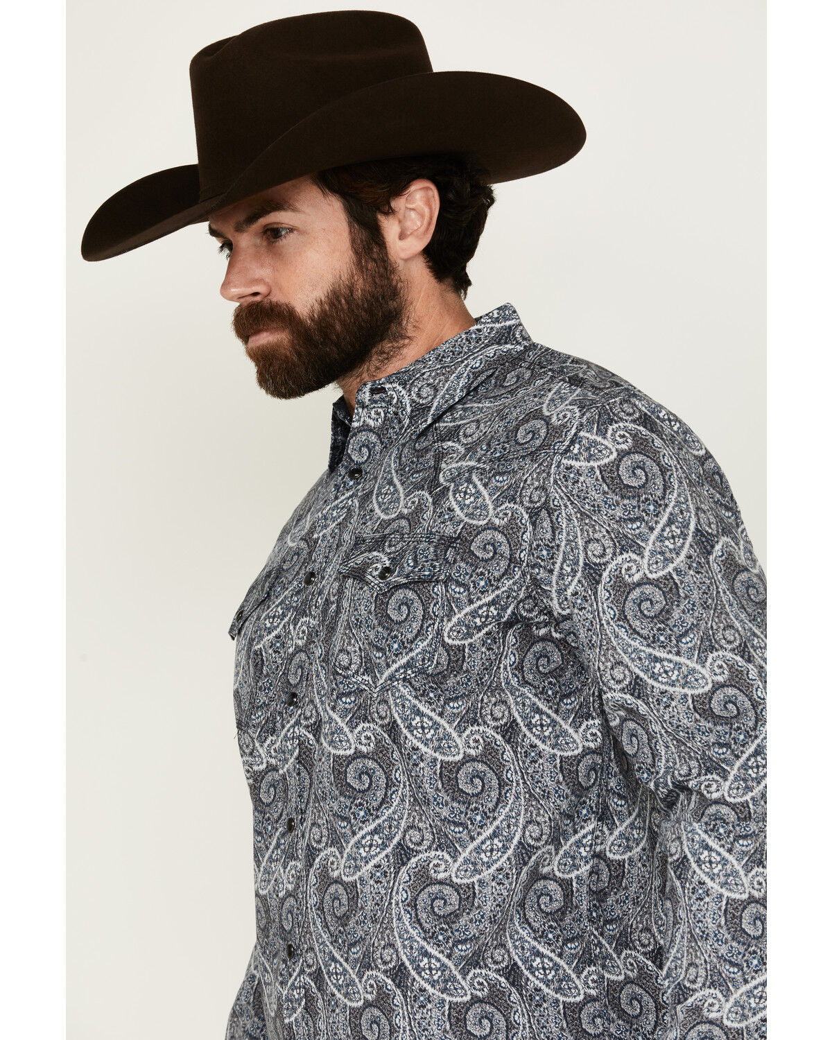 Image #2 - Moonshine Spirit Men's Crossing Paisley Print Long Sleeve Pearl Snap Western Shirt, Navy, hi-res