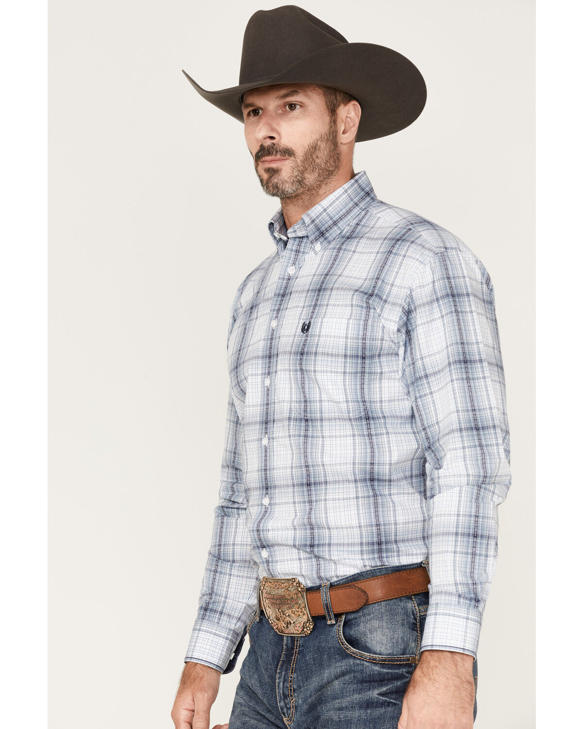 Image #2 - Rough Stock by Panhandle Men's Dobby Plaid Print Long Sleeve Button Down Shirt, Navy, hi-res