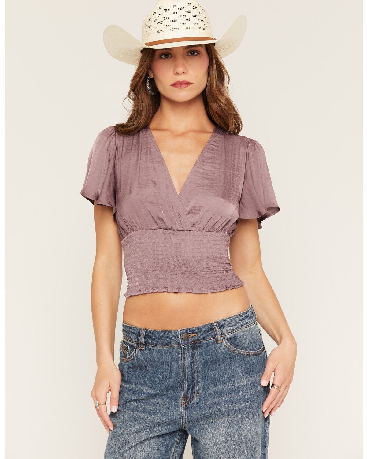 Shyanne Women's Millie Flutter Sleeve Smocked Waist Cropped Top, Slate, hi-res