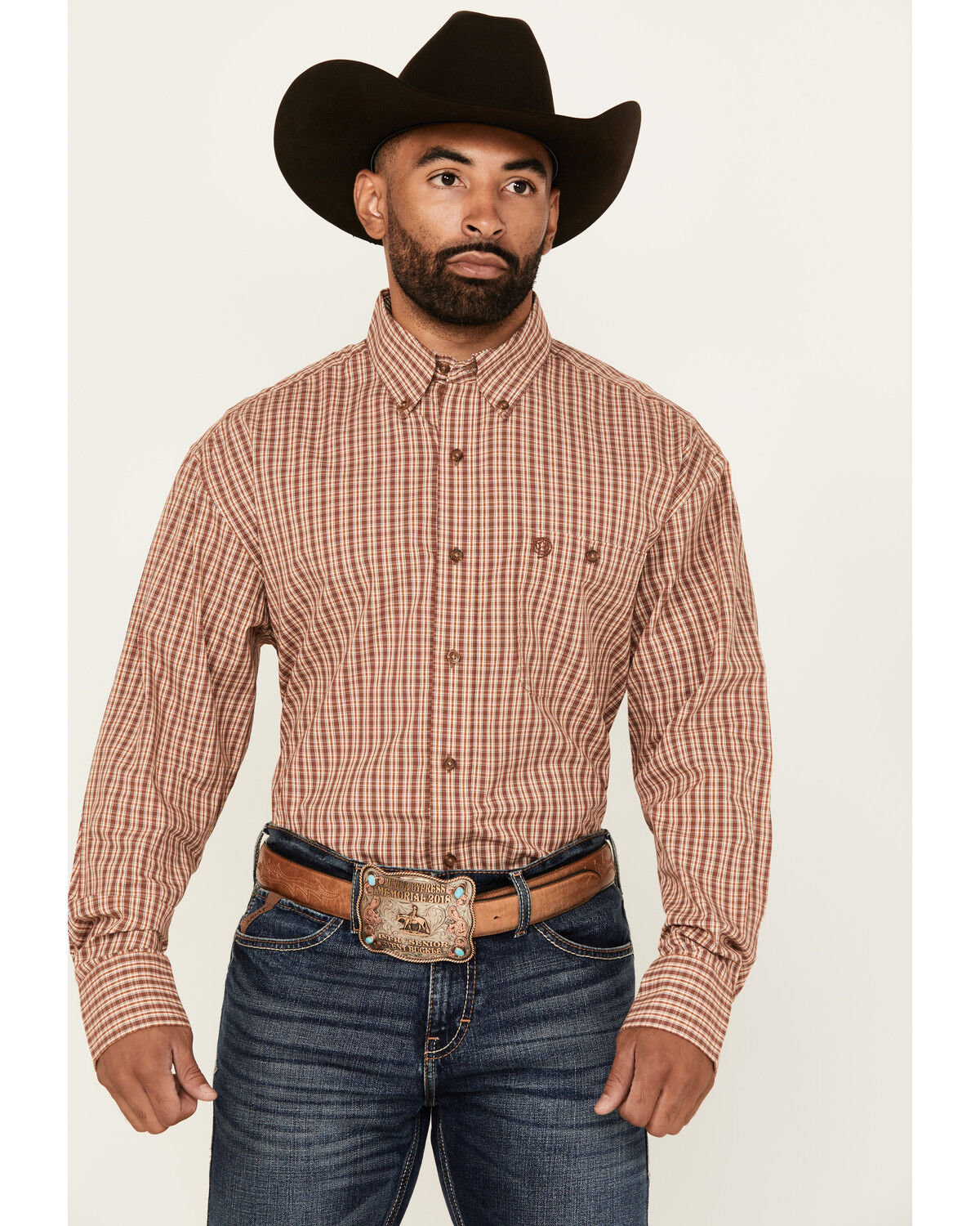 Image #1 - George Strait By Wrangler Men's Plaid Print Long Sleeve Button-Down Stretch Western Shirt, Brown, hi-res