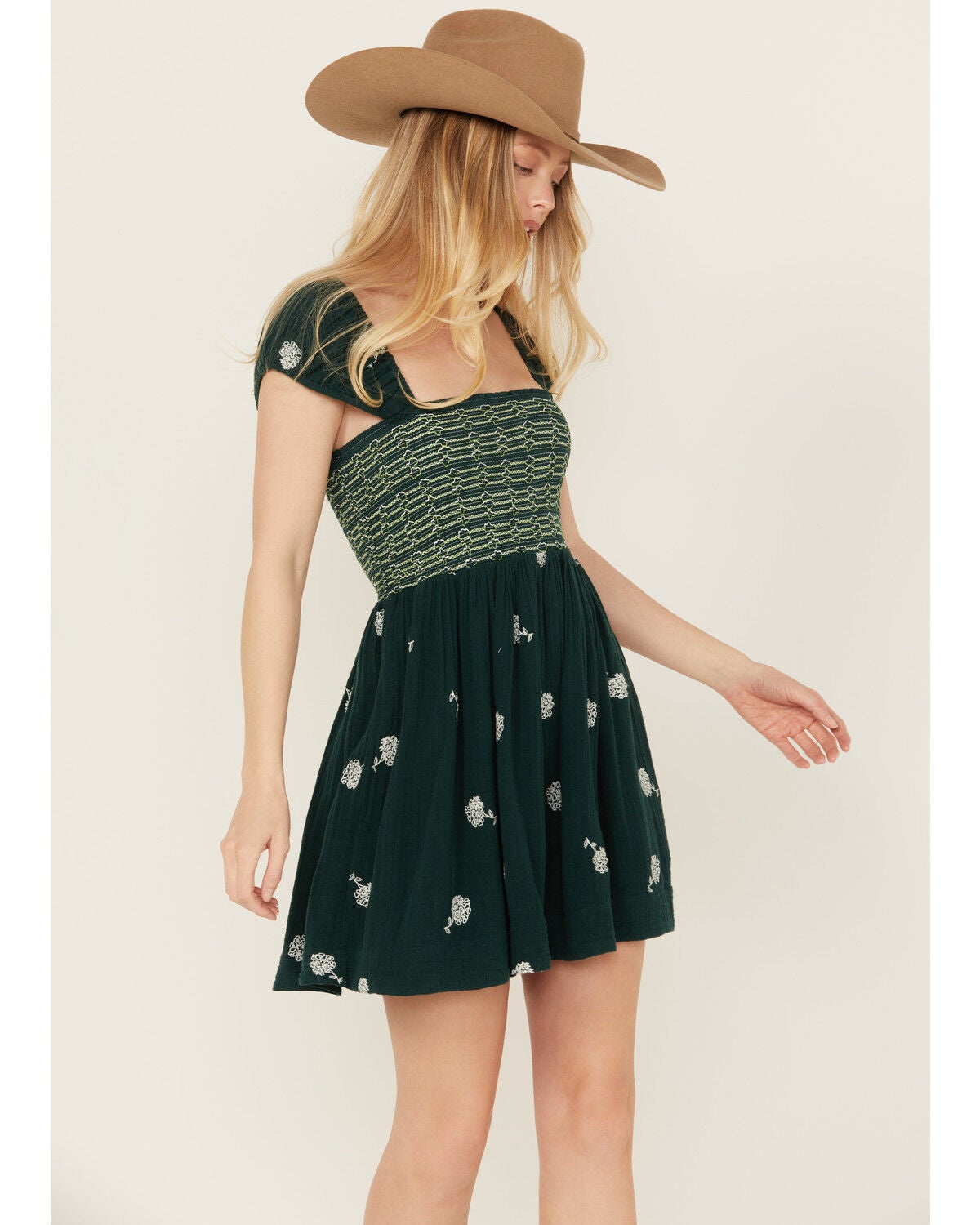 Free People Women's Tory Floral Smocked Mini Dress, Green, hi-res