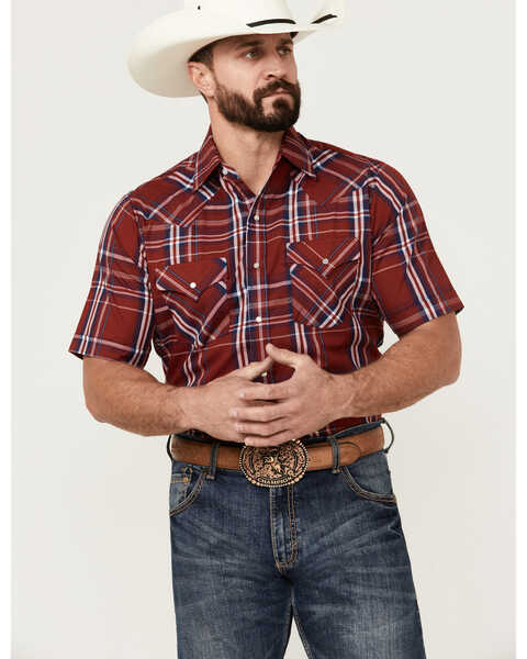 Ely Walker Men's Plaid Print Short Sleeve Pearl Snap Western Shirt - Big , Red, hi-res
