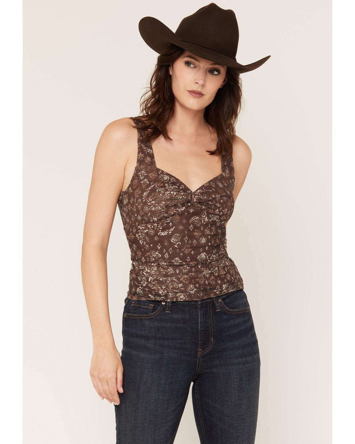 Originality Women's Printed Lace Twist Front Tank Top, Brown, hi-res