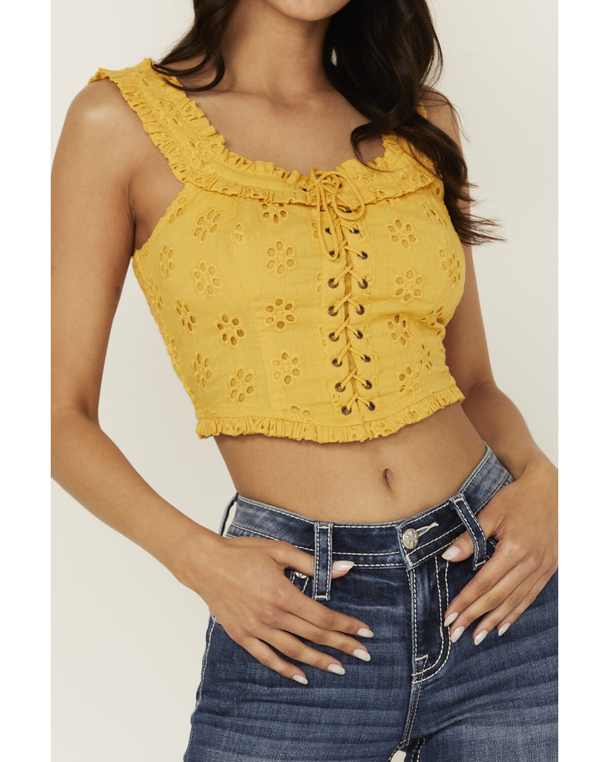Image #3 - Rock & Roll Denim Women's Eyelet Corset Tank Top, Yellow, hi-res
