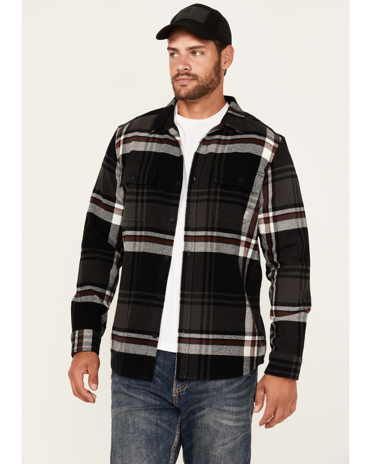 Brothers and Sons Men's Barrell Burley Plaid Print Long Sleeve Button-Down Flannel Shirt, Black, hi-res