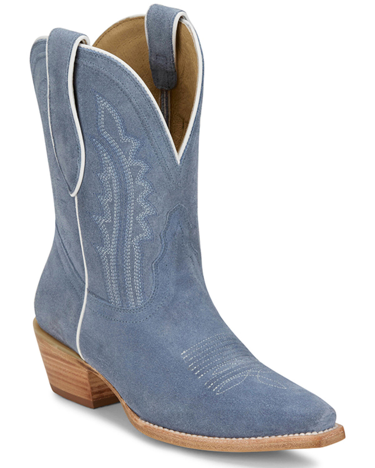 Image #1 - Tony Lama Women's Lea Suede Western Booties - Snip Toe, Light Blue, hi-res