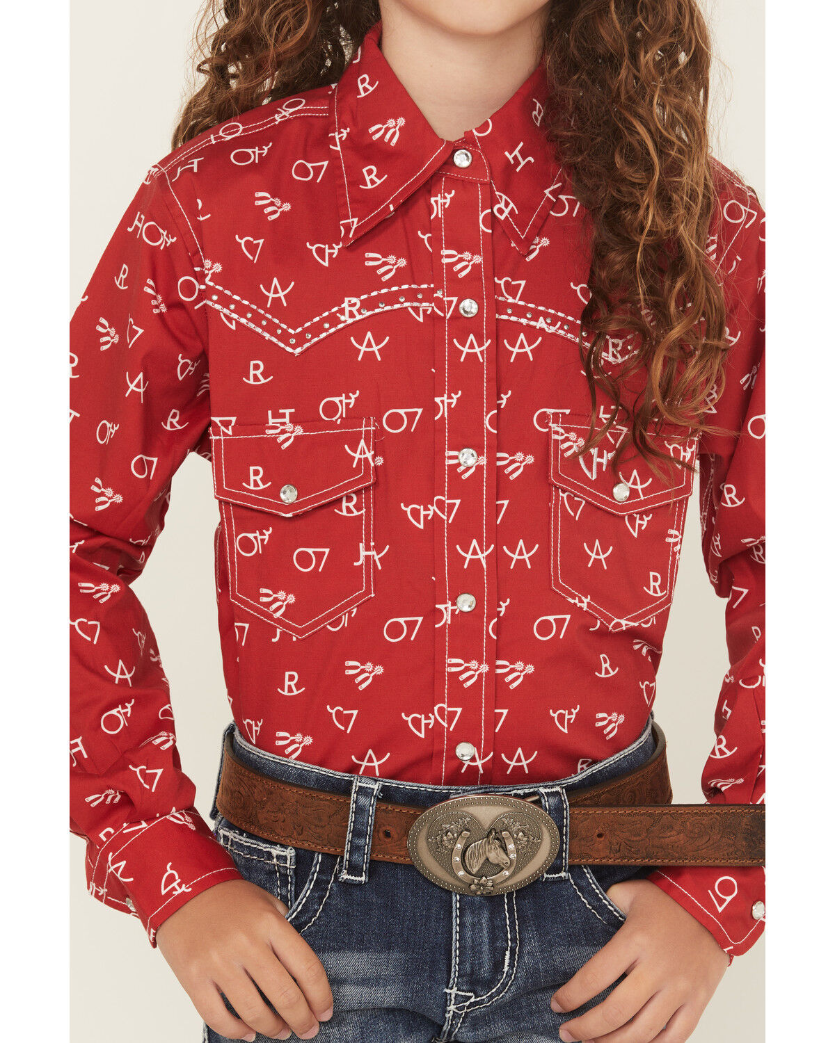 Image #3 - Cowgirl Hardware Girls' Brand Iron Print Long Sleeve Snap Stretch Western Shirt, Red, hi-res