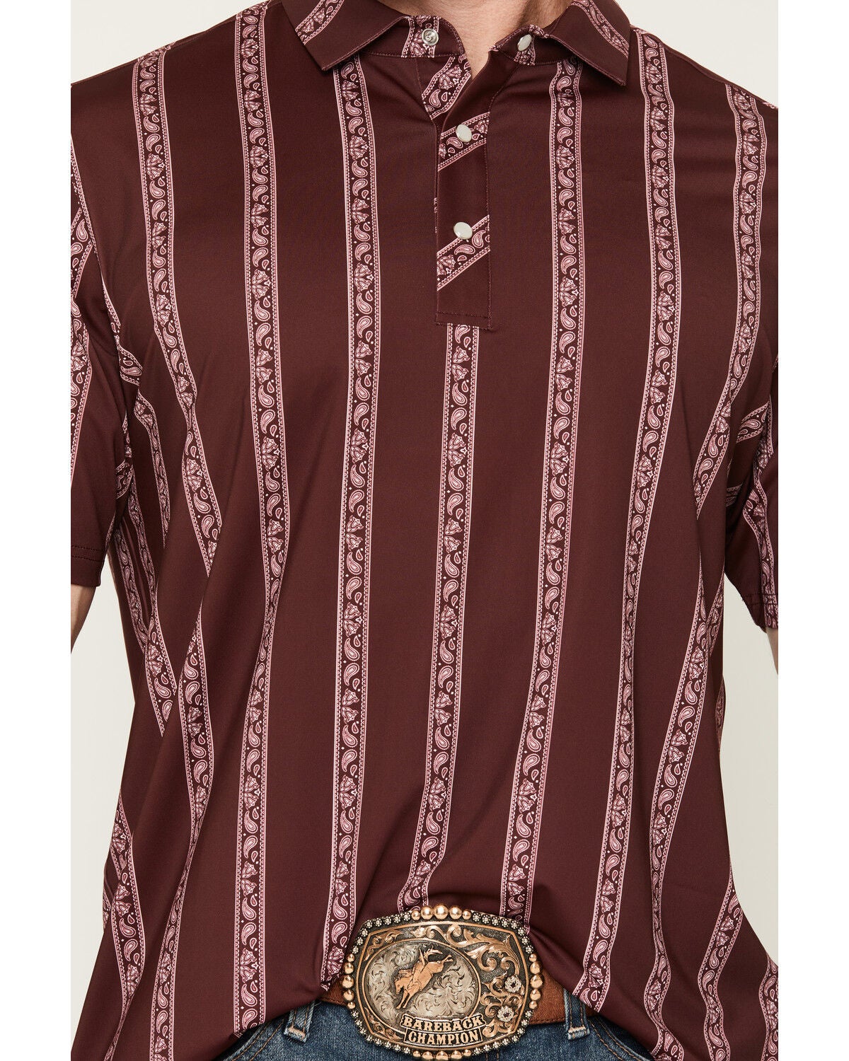 Image #3 - Ferrell Men's Hays Striped Print Short Sleeve Snap Stretch Polo Shirt, Maroon, hi-res