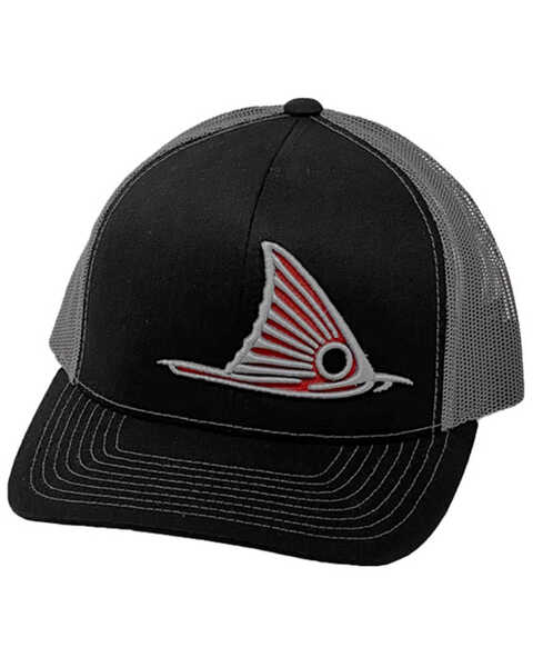 Oil Field Hats Men's Black & Grey Redfish Embroidered Mesh-Back Ball Cap , Black, hi-res
