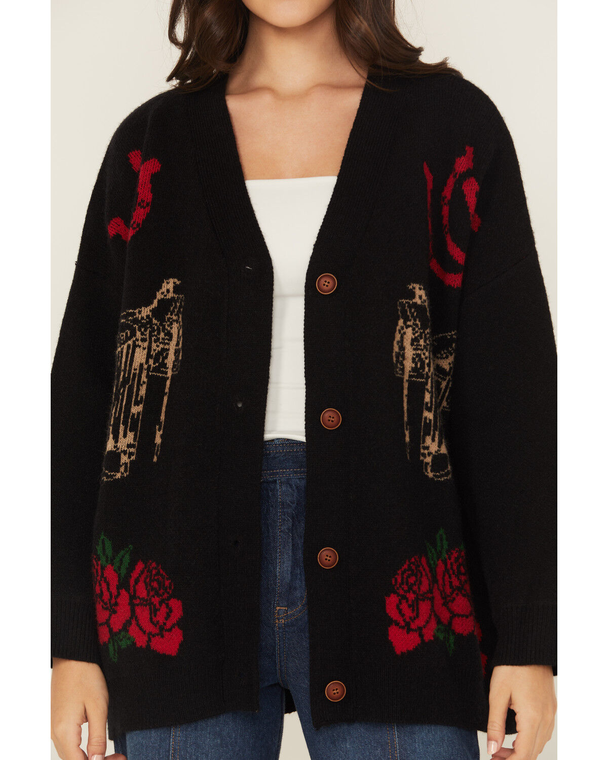 Image #3 - Rodeo Quincy Women's Horse Rose Cardigan, Black, hi-res