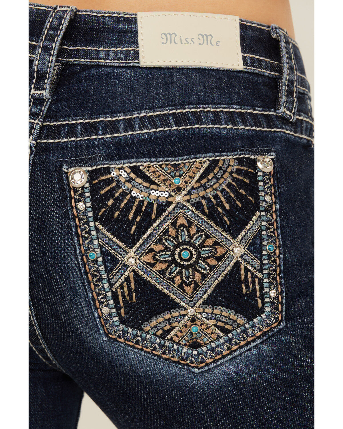 Image #2 - Miss Me Women's Dark Wash Mid Rise Patchwork Pocket Bootcut Stretch Denim Jeans, Dark Wash, hi-res