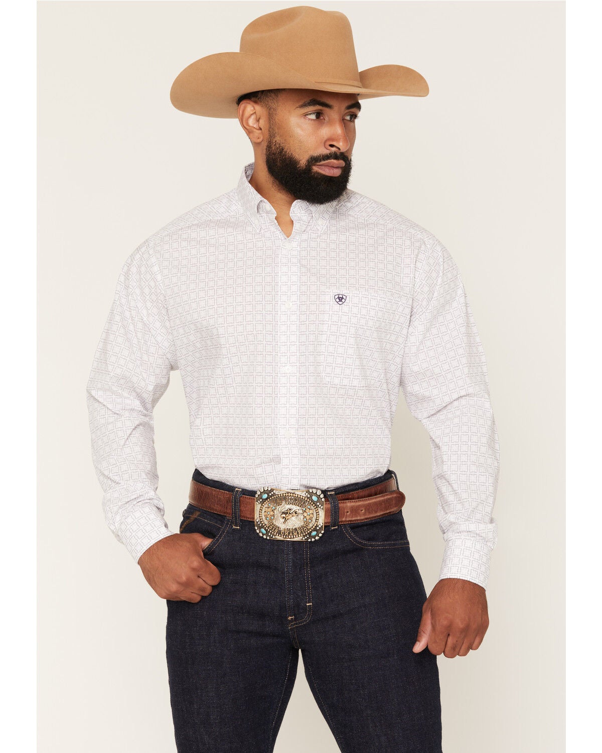 Ariat Men's Pace Geo Print Long Sleeve Button-Down Western Shirt - Big, White, hi-res