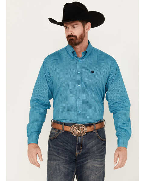 Cinch Men's Geo Print Long Sleeve Button-Down Western Shirt, Turquoise, hi-res