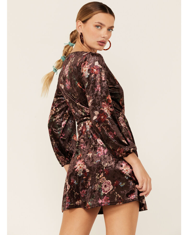 A Collective Story Women's Chocolate Brown Velvet Floral Faux Wrap Mini Dress, Chocolate, hi-res