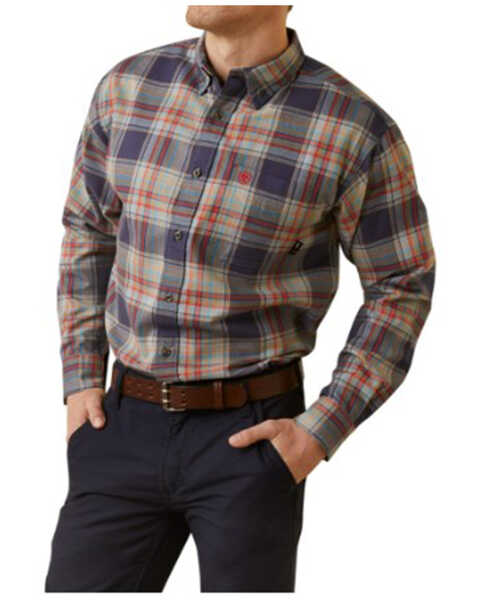 Ariat Men's FR Kane Plaid Print Long Sleeve Button-Down Work Shirt - Tall, Navy, hi-res