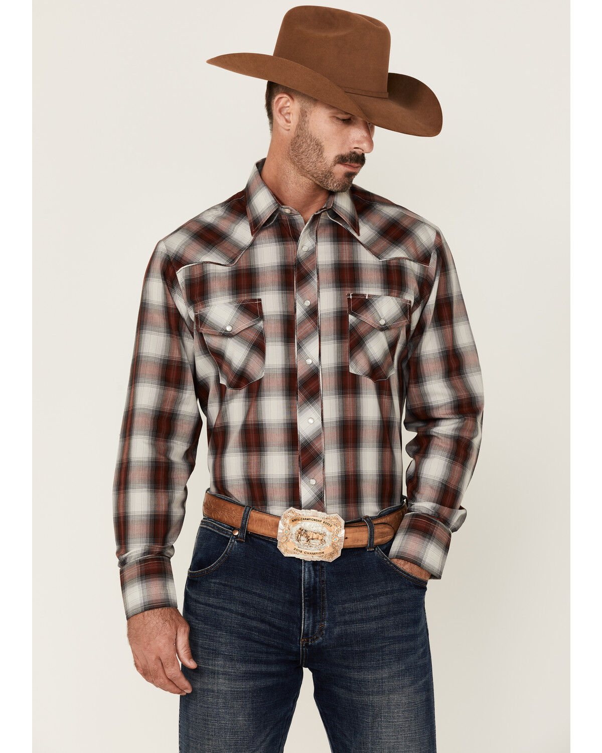 Image #1 - Roper Men's Multi Plaid Embroidered Horse Long Sleeve Pearl Snap Western Shirt, Maroon, hi-res