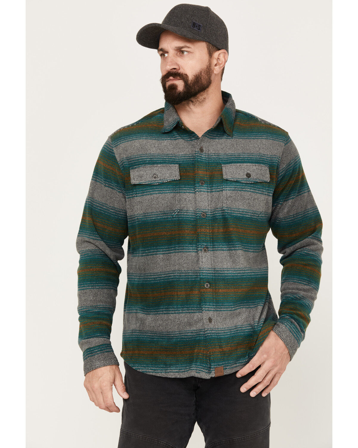 Image #1 - Dakota Grizzly Men's Bowie Button Down Long Sleeve Striped Western Fleece Shirt, Green, hi-res