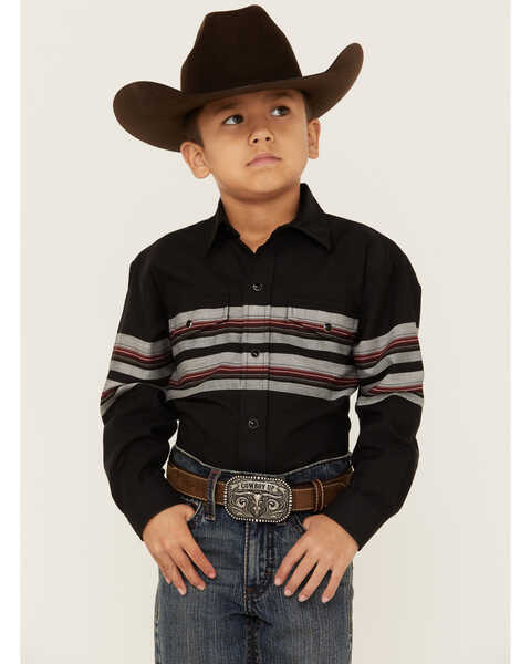 Roper Boys' Black & Wine Border Stripe Long Sleeve Snap Western Shirt , Black, hi-res