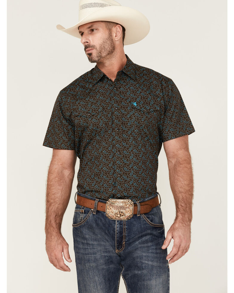 Rodeo Clothing Men's Small Paisley Print Short Sleeve Snap Western Shirt , Brown, hi-res