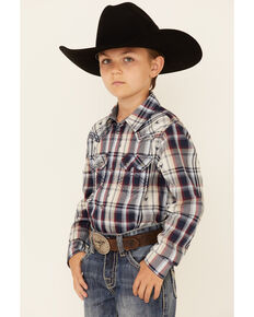 Cody James Boys' Bull Dobby Plaid Long Sleeve Snap Western Shirt , Navy, hi-res