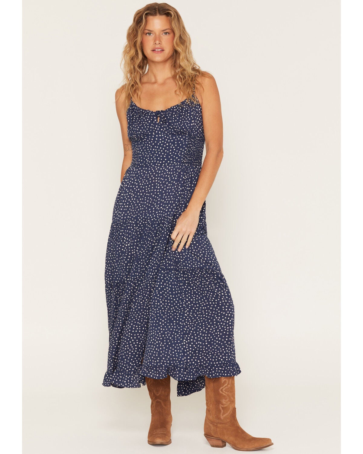 Angie Women's Sleeveless Polka Dot Midi Dress, Navy, hi-res