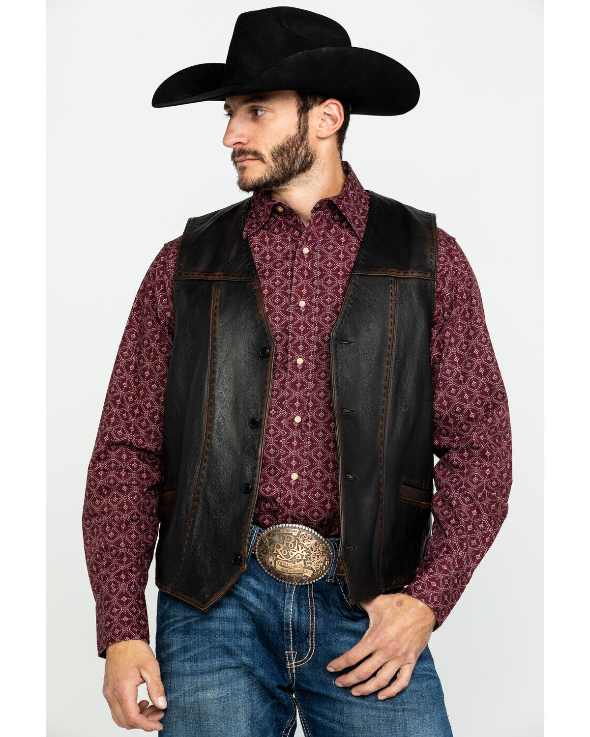 Image #1 - Scully Leatherwear Men's Leather Buck Stitch Vest, Brown, hi-res