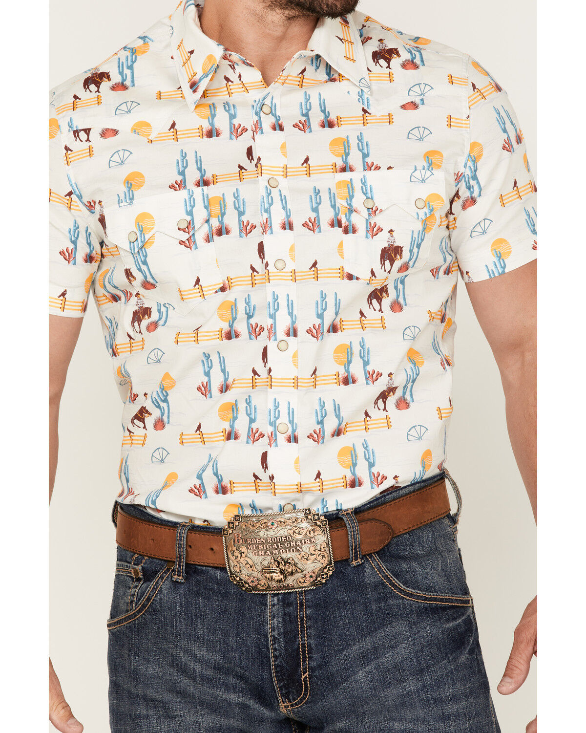 Image #3 - Dale Brisby Men's Cactus Conversational Print Short Sleeve Snap Western Shirt, Teal, hi-res