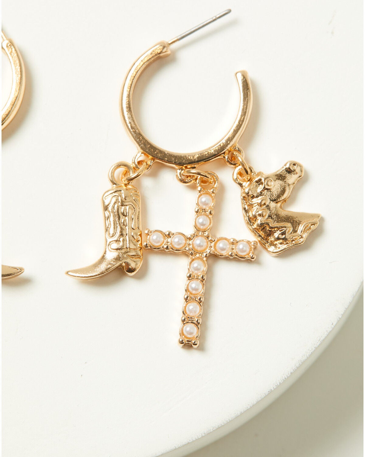 Image #2 - Shyanne Women's Pearl Cross Boot Charm Hoop Earrings, Gold, hi-res