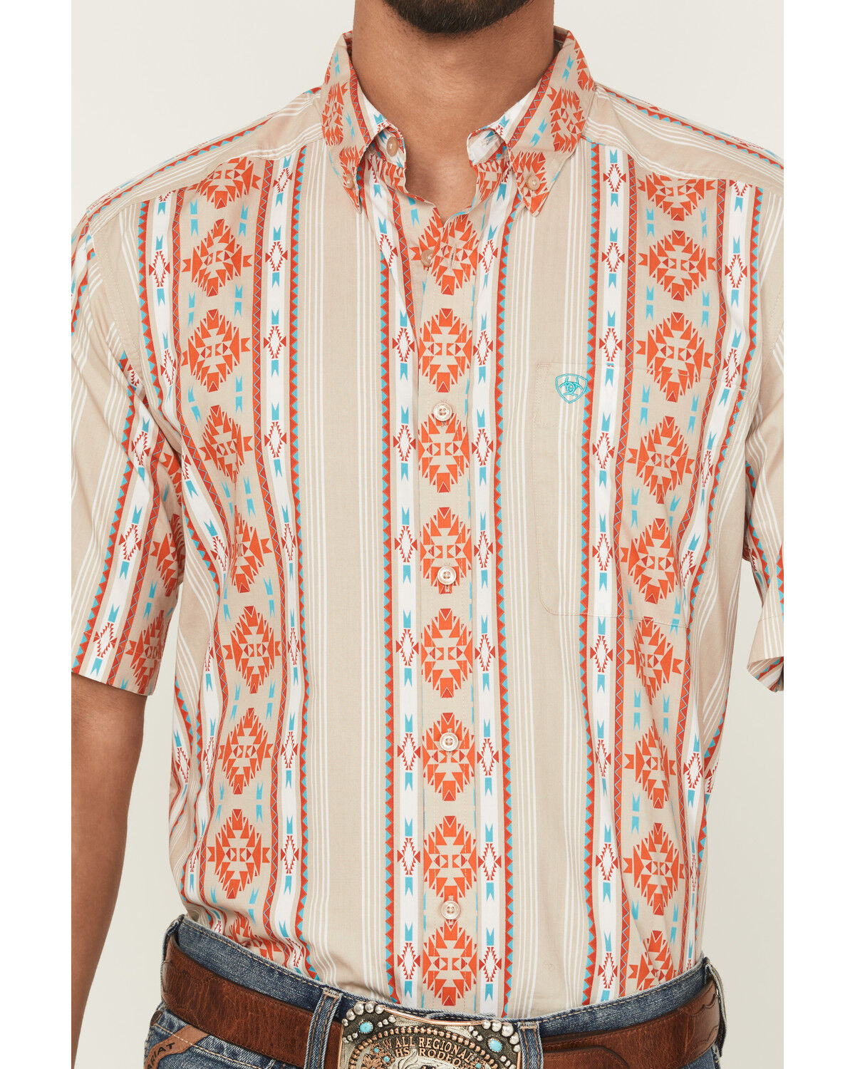 Image #3 - Ariat Men's Wade Southwestern Striped Short Sleeve Button-Down Western Shirt, Tan, hi-res