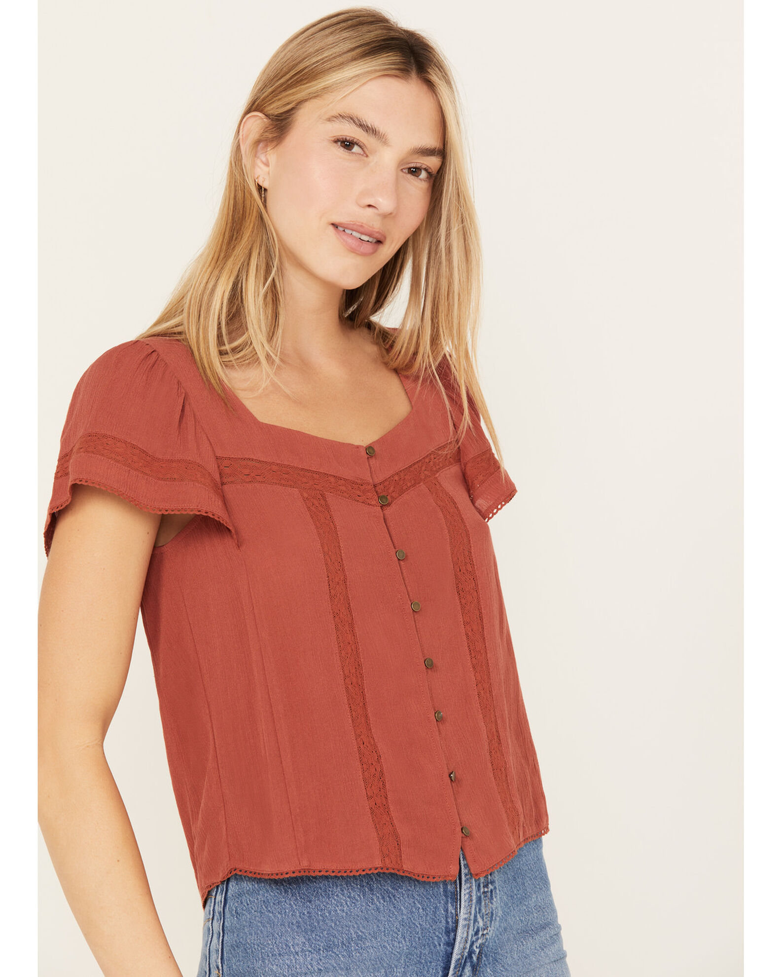 Jolt Women s Button Front Square Neck Peasant Top Country Outfitter