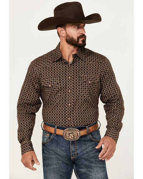 Cinch Men's Southwestern Geo Print Long Sleeve Snap Shirt, Dark Brown, hi-res