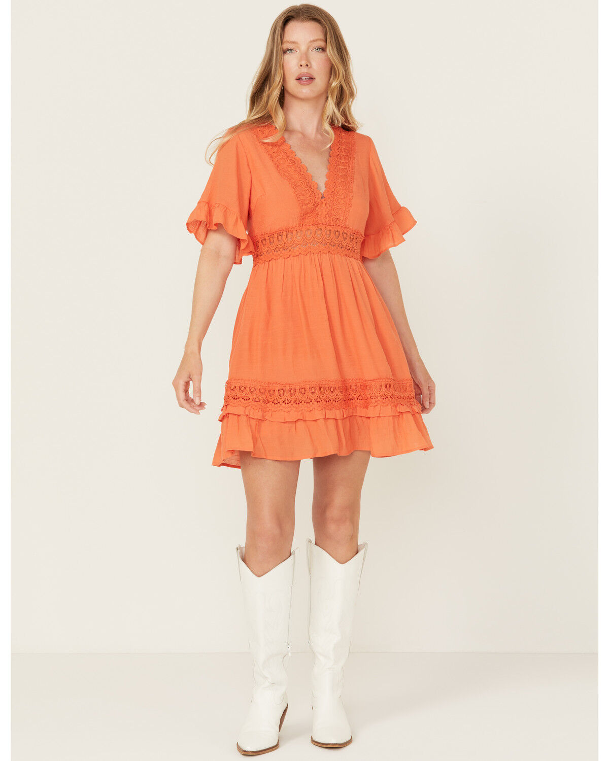 Image #1 - Wishlist Women's Solid Lace Trim Mini Dress, Orange, hi-res