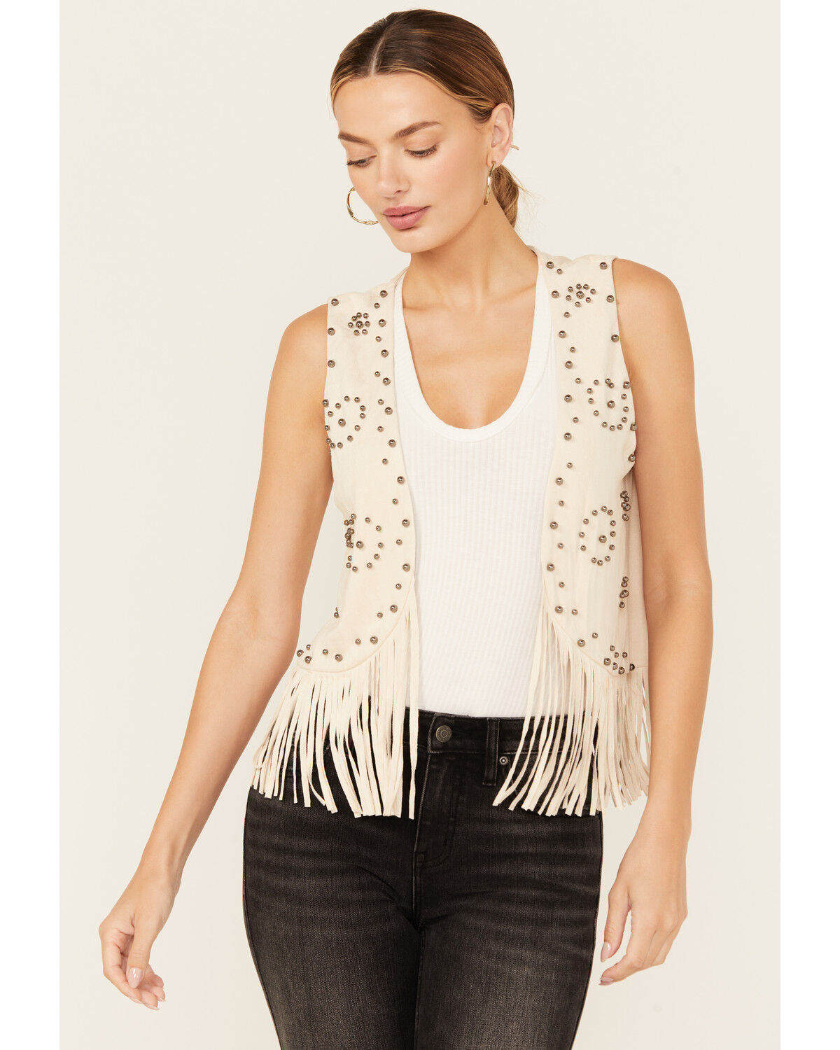 Image #1 - Vocal Women's Studded Faux Suede Vest, Cream, hi-res