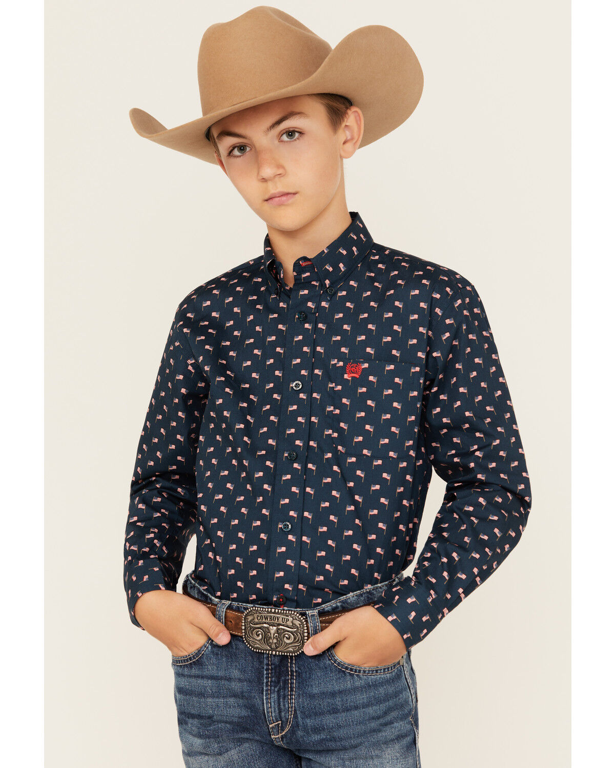 Image #1 - Cinch Boys' Flag Print Long Sleeve Button-Down Western Shirt, Navy, hi-res