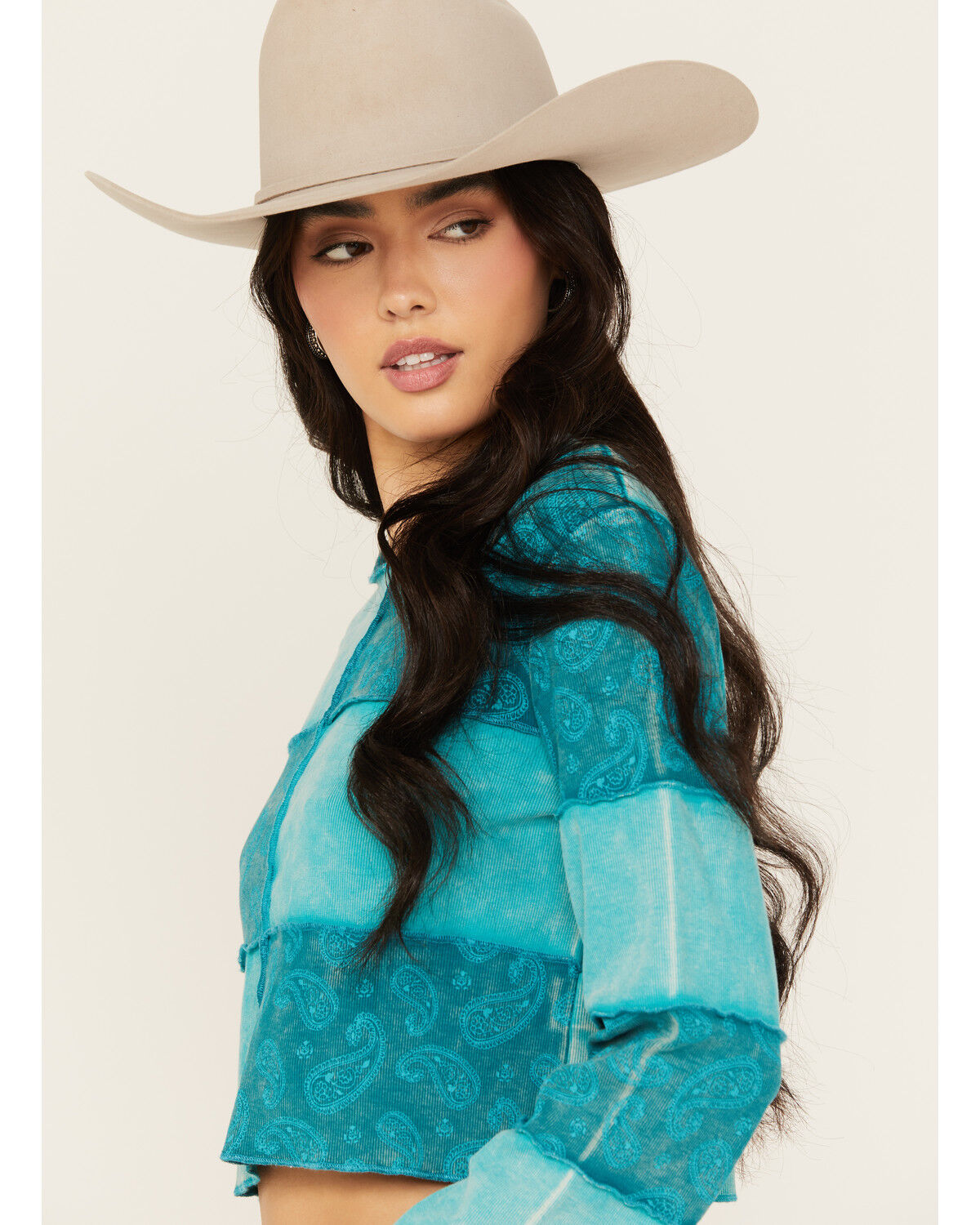 Image #2 - Rock & Roll Denim Women's Paisley Print Patchwork Long Sleeve Top, Blue, hi-res