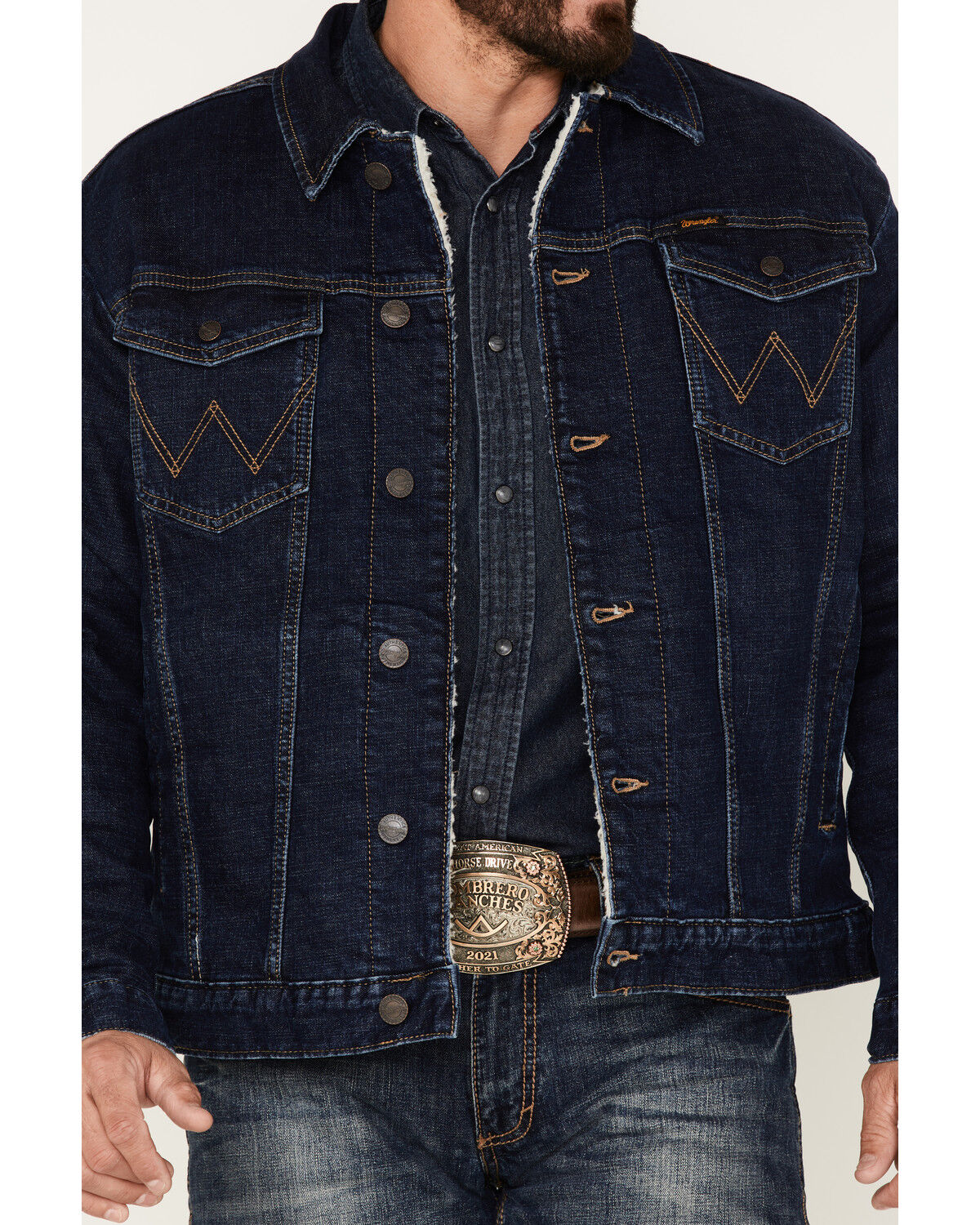 Image #4 - Wrangler Retro Men's Dusty Blue Button-Front Sherpa-Lined Denim Jacket, , hi-res