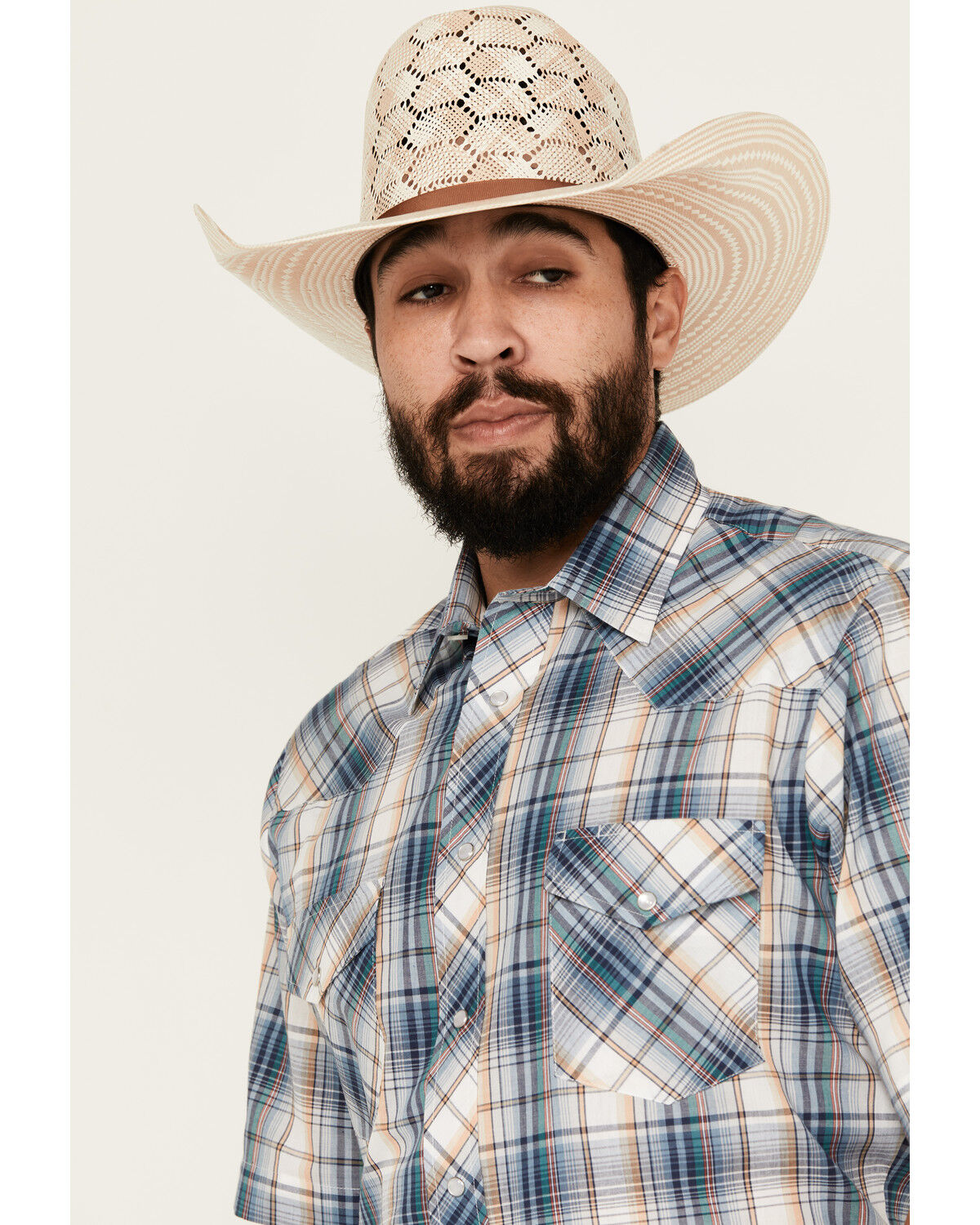 Image #2 - Roper Men's Medium Plaid Print Short Sleeve Pearl Snap Western Shirt, Blue, hi-res
