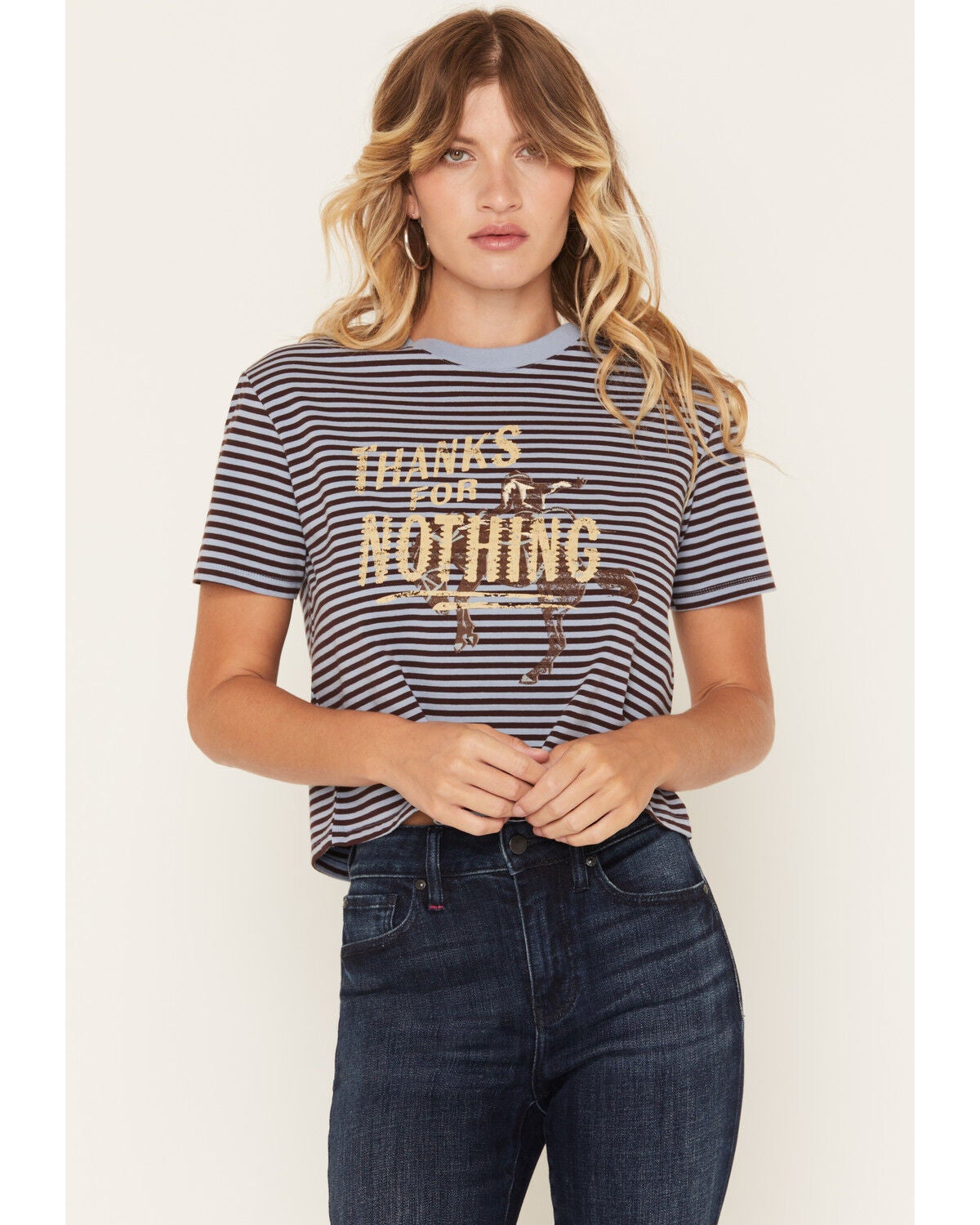 Image #1 - Nikxie Women's Thanks Striped Short Sleeve Graphic Tee, Blue, hi-res