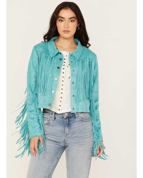 Powder River Outfitters Women's Micro Suede Fringe Jacket , Turquoise, hi-res