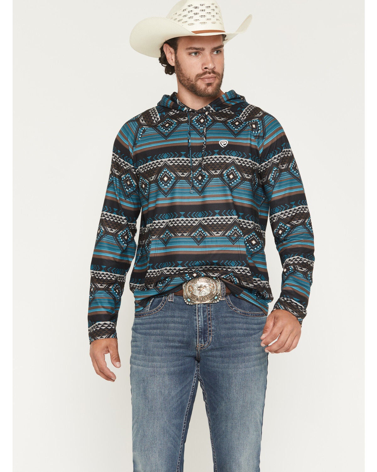 Rock & Roll Denim Men's Southwestern Striped Print Stretch Hooded Sweatshirt, Teal, hi-res