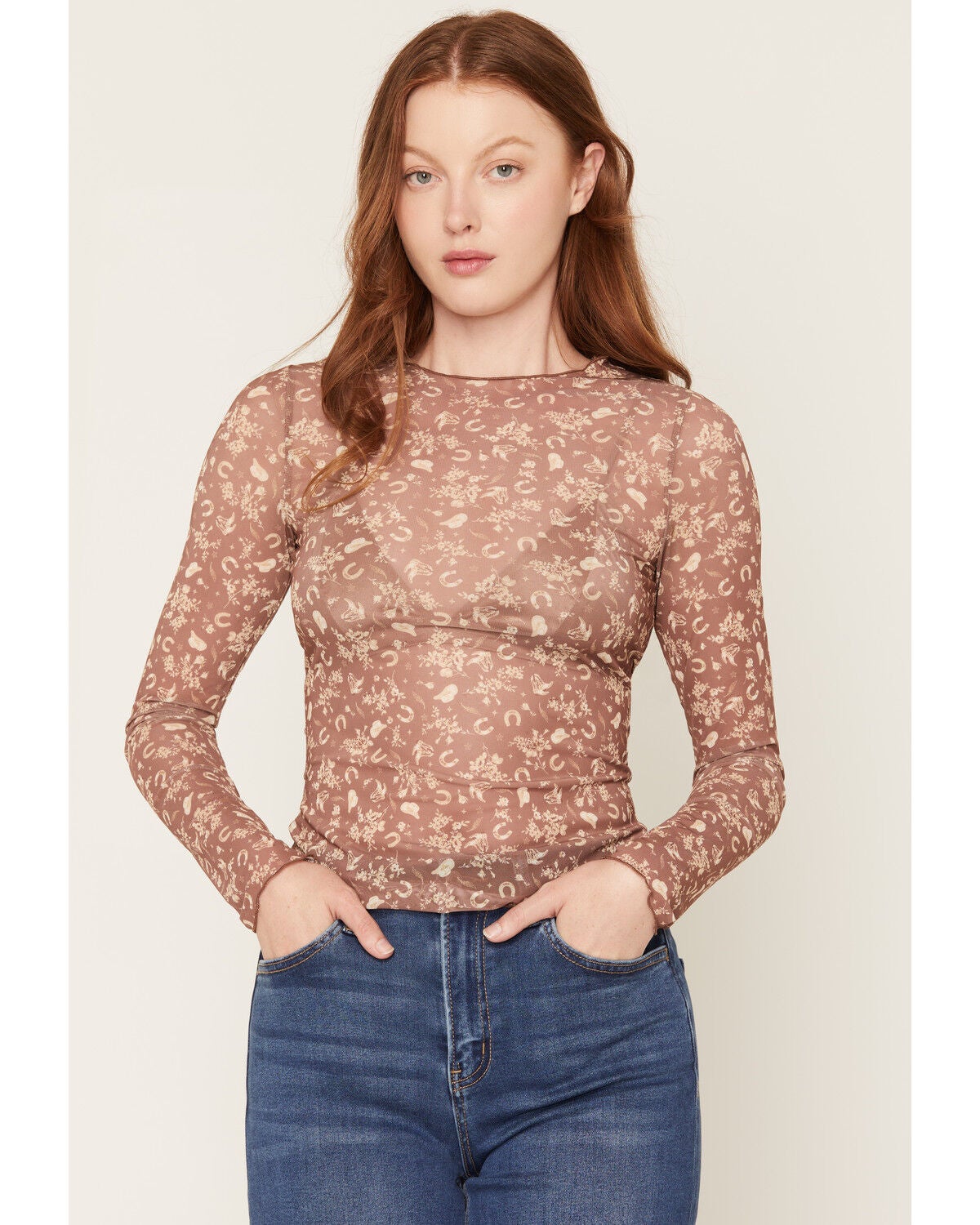 Trixxi Women's Scattered Icon Print Long Sleeve Mesh Top, Brown, hi-res