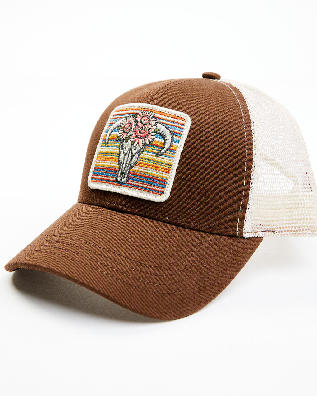 Image #1 - Shyanne Women's Serape Floral Steerhead Patch Mesh-Back Ball Cap, Brown, hi-res