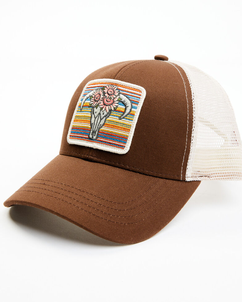 Shyanne Women's Serape Floral Steerhead Patch Mesh-Back Ball Cap , Brown, hi-res