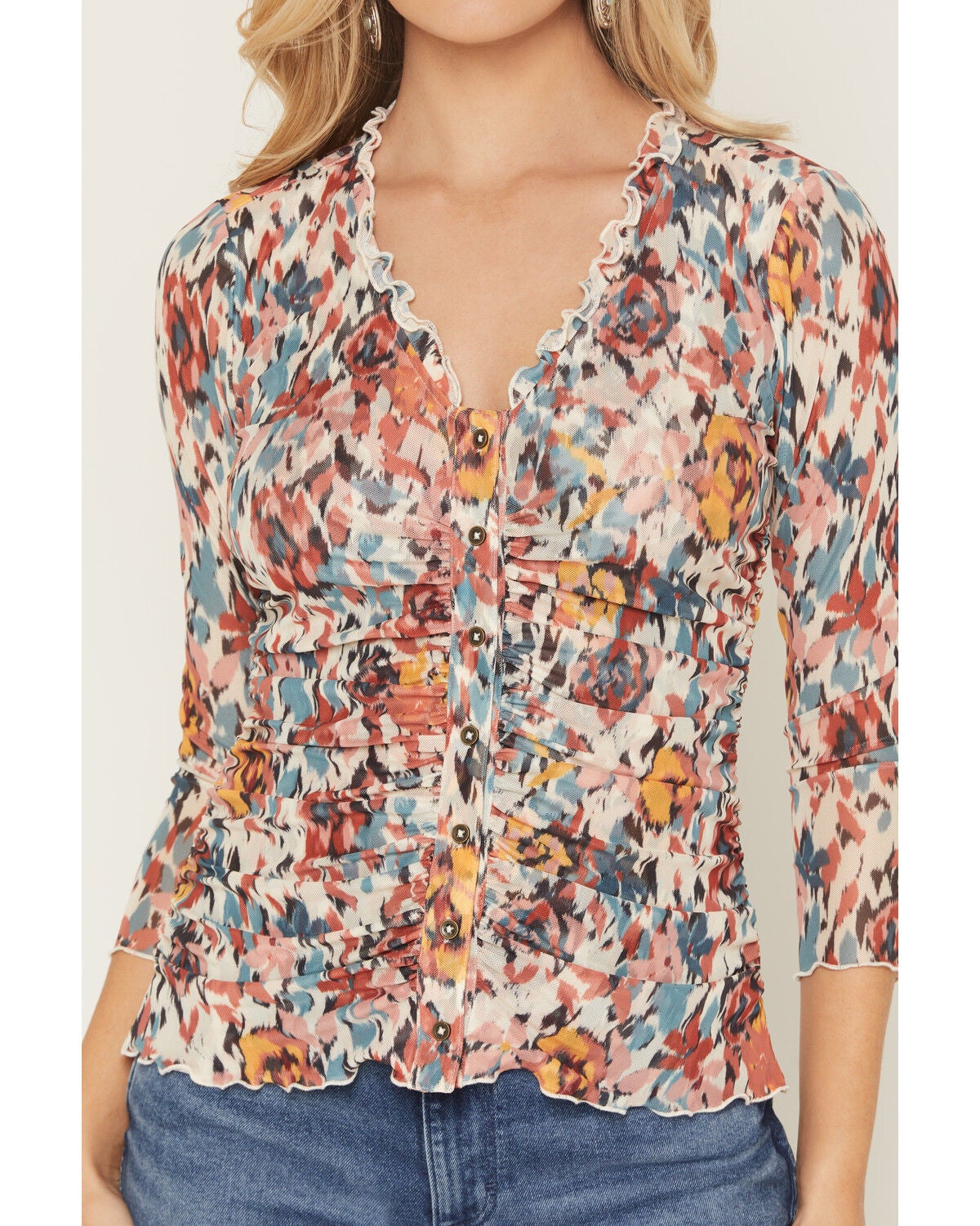 Image #4 - Shyanne Women's Floral Print Long Sleeve Button-Down Mesh Shirt, Cream, hi-res